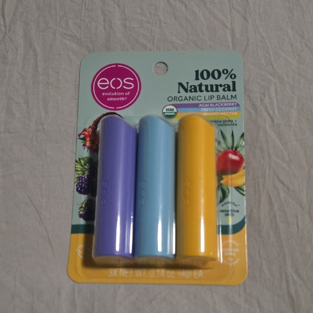 EOS Natural Lip Balm Set in Purple, Blue, and Yellow